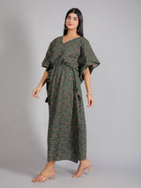 Green Abstract Print Cotton Kaftan Maxi Dress