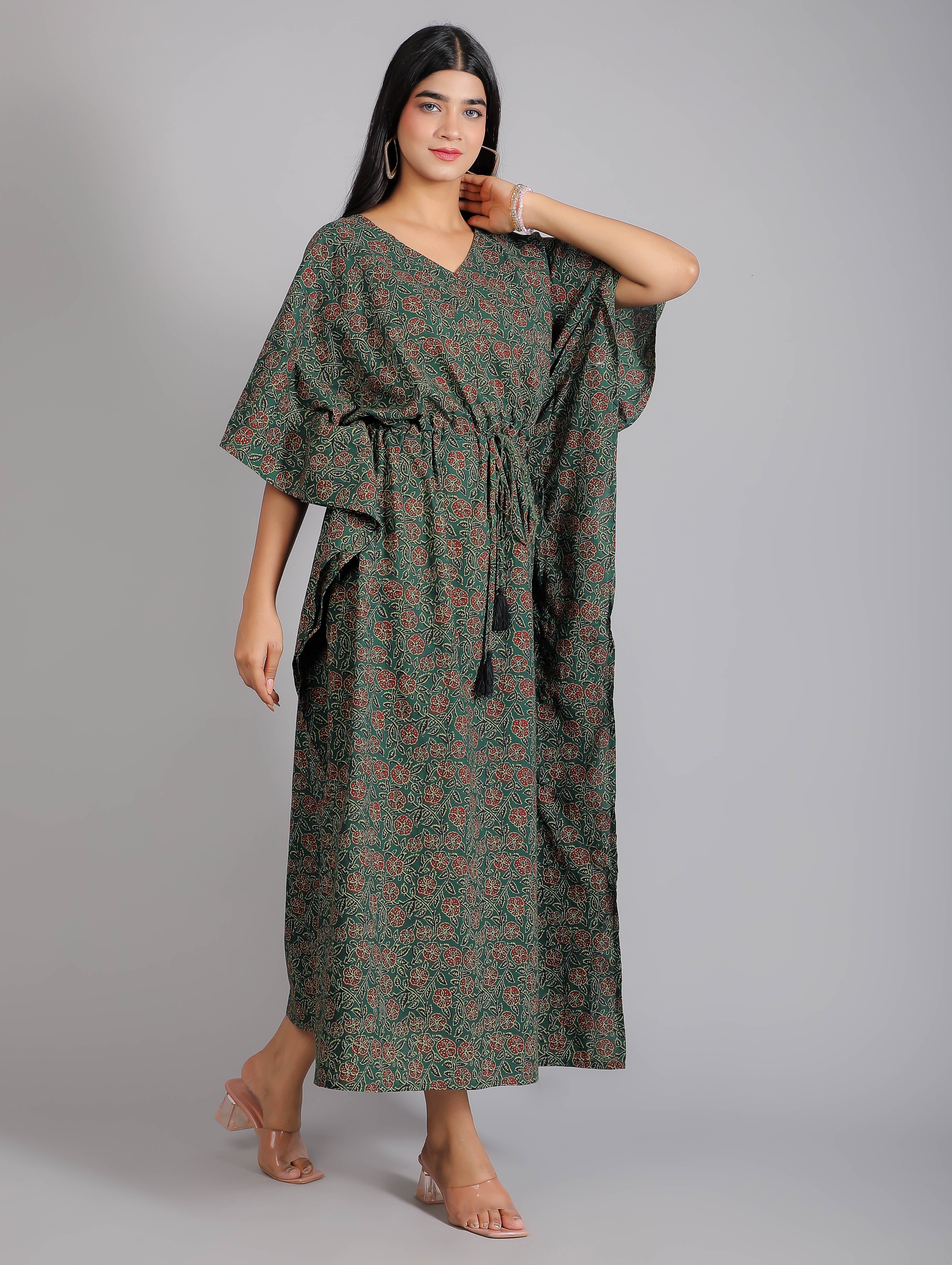 Green Abstract Print Cotton Kaftan Maxi Dress