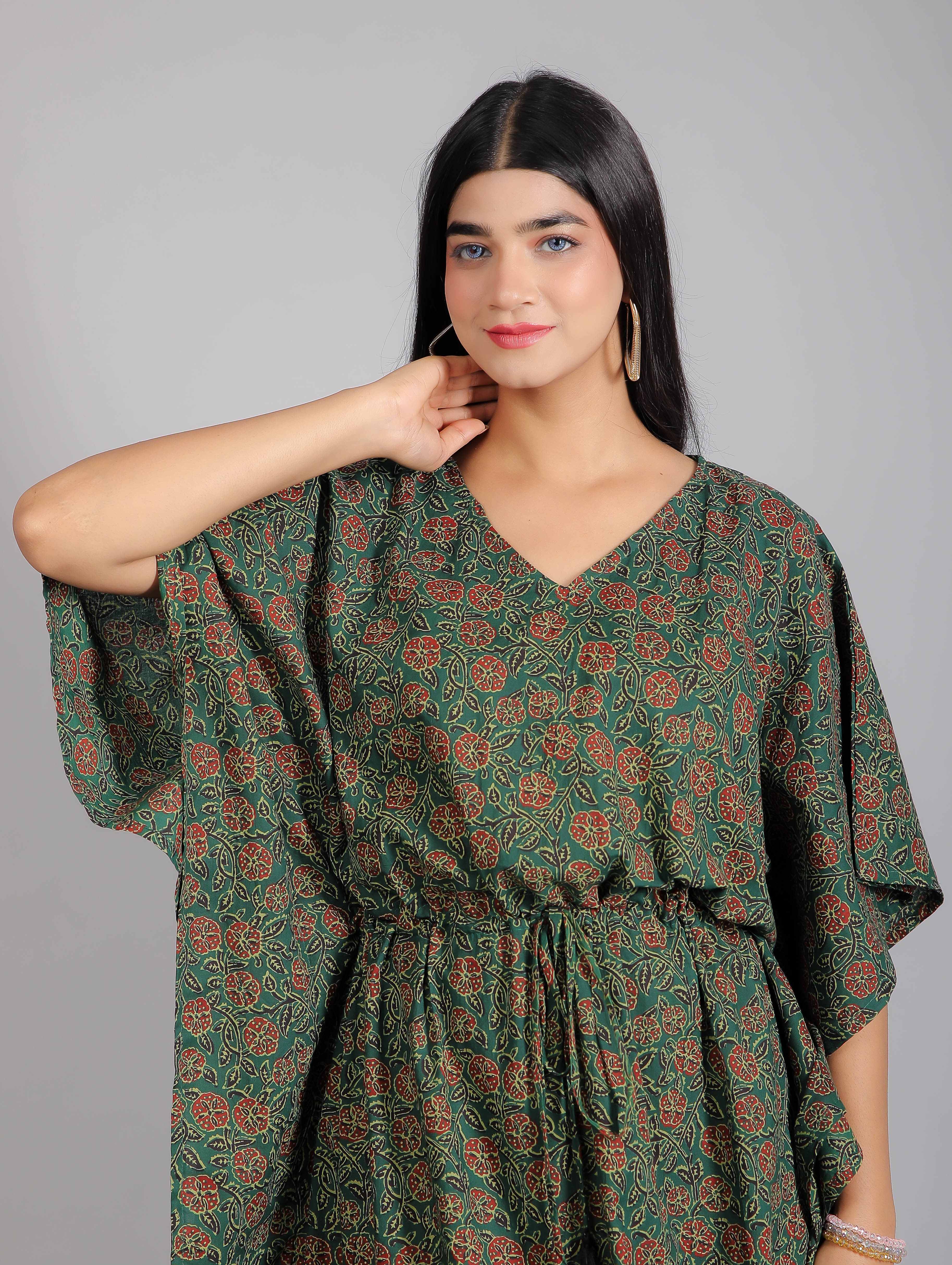 Green Abstract Print Cotton Kaftan Maxi Dress