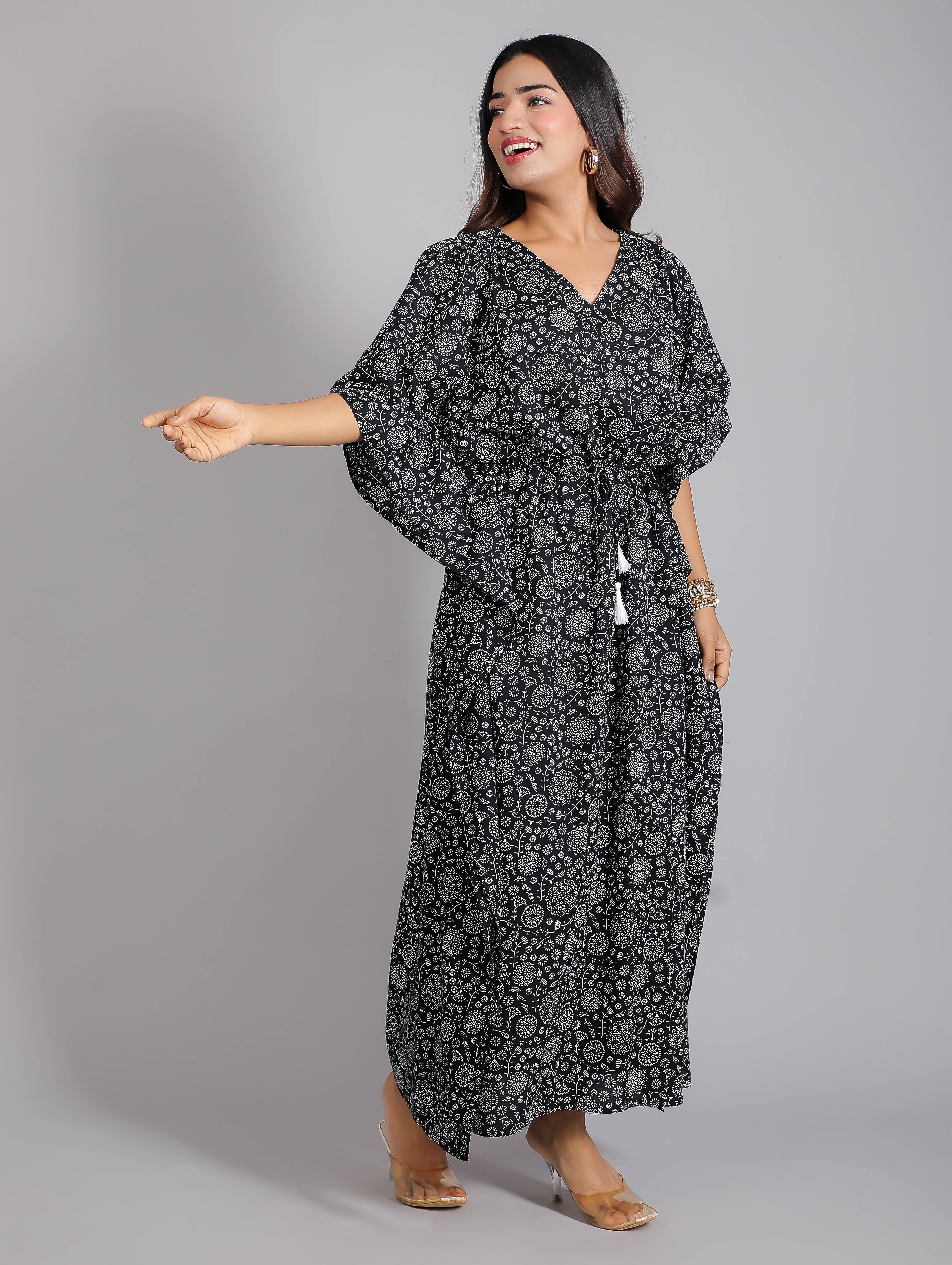 White & Black Abstract Print Cotton Kaftan Maxi Dress