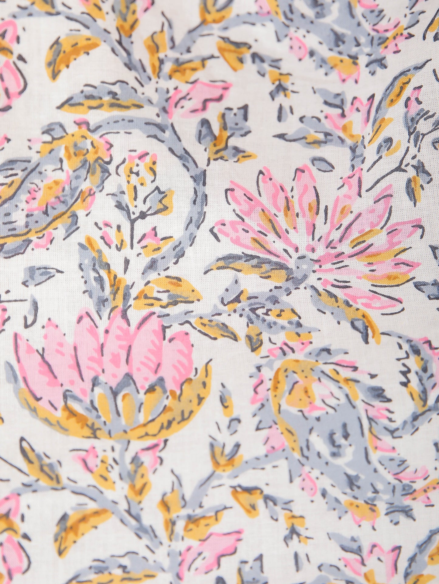 Floral Pink Print on White Cotton Kaftan Top Pant Set