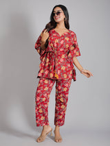 Floral Motifs on Maroon Cotton Kaftan Top Pant Set
