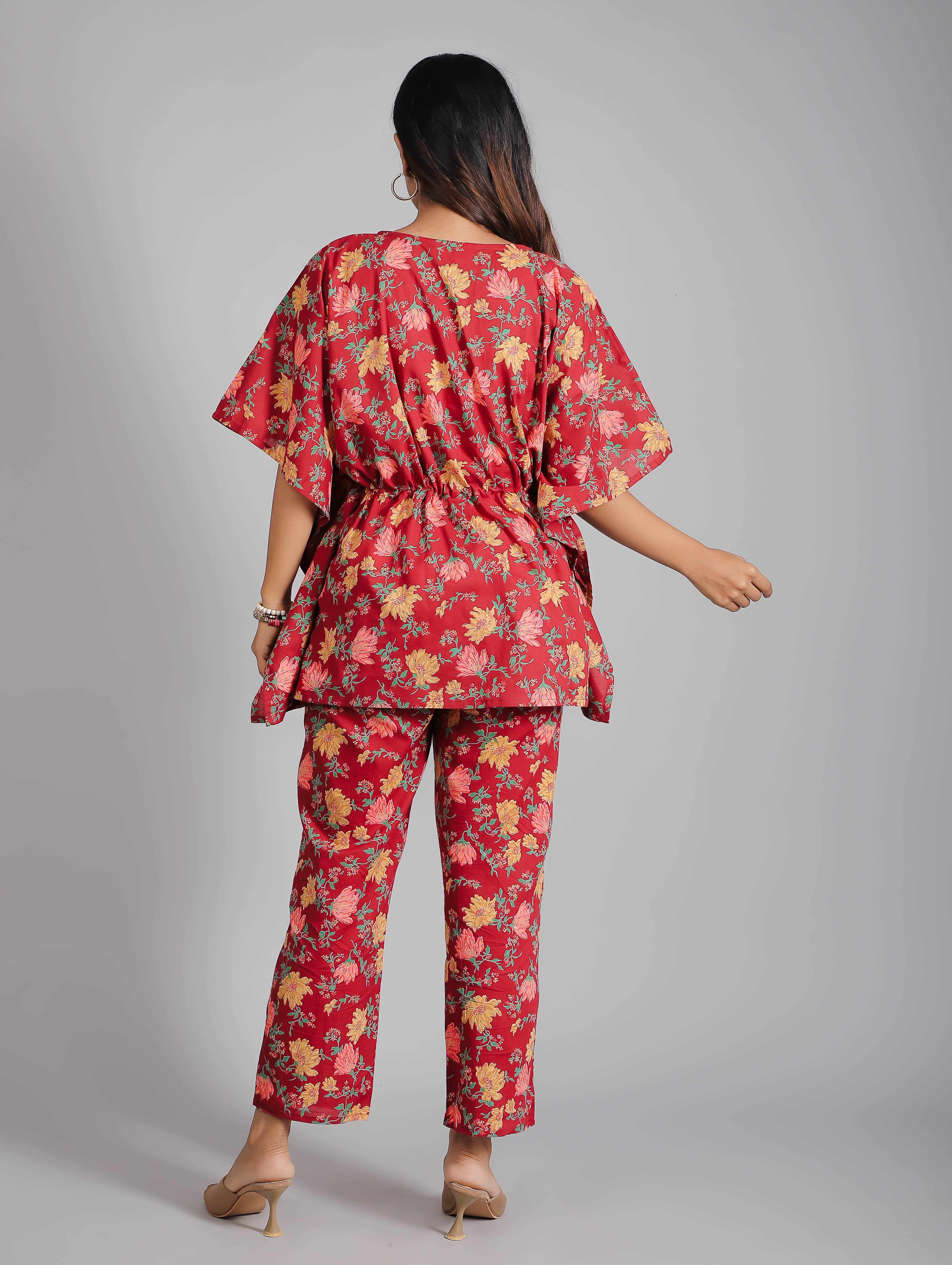 Floral Motifs on Maroon Cotton Kaftan Top Pant Set
