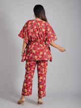 Floral Motifs on Maroon Cotton Kaftan Top Pant Set