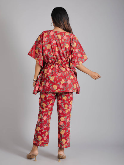 Floral Motifs on Maroon Cotton Kaftan Top Pant Set