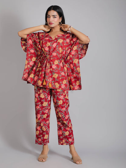 Floral Motifs on Maroon Cotton Kaftan Top Pant Set