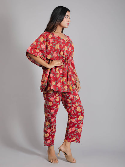 Floral Motifs on Maroon Cotton Kaftan Top Pant Set