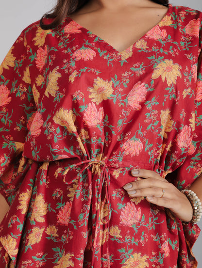 Floral Motifs on Maroon Cotton Kaftan Top Pant Set