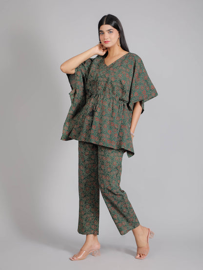Abstract Print on Green Cotton Kaftan Top Pant Set