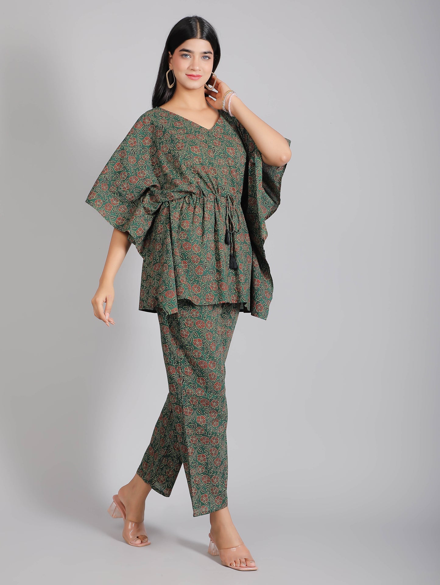 Abstract Print on Green Cotton Kaftan Top Pant Set