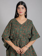 Abstract Print on Green Cotton Kaftan Top Pant Set