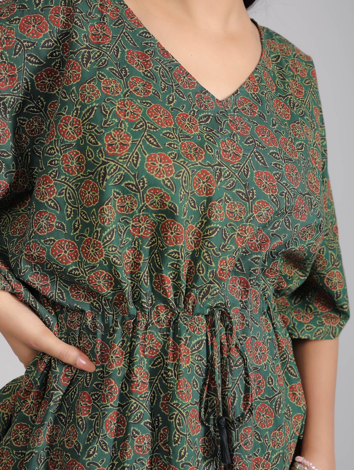 Abstract Print on Green Cotton Kaftan Top Pant Set