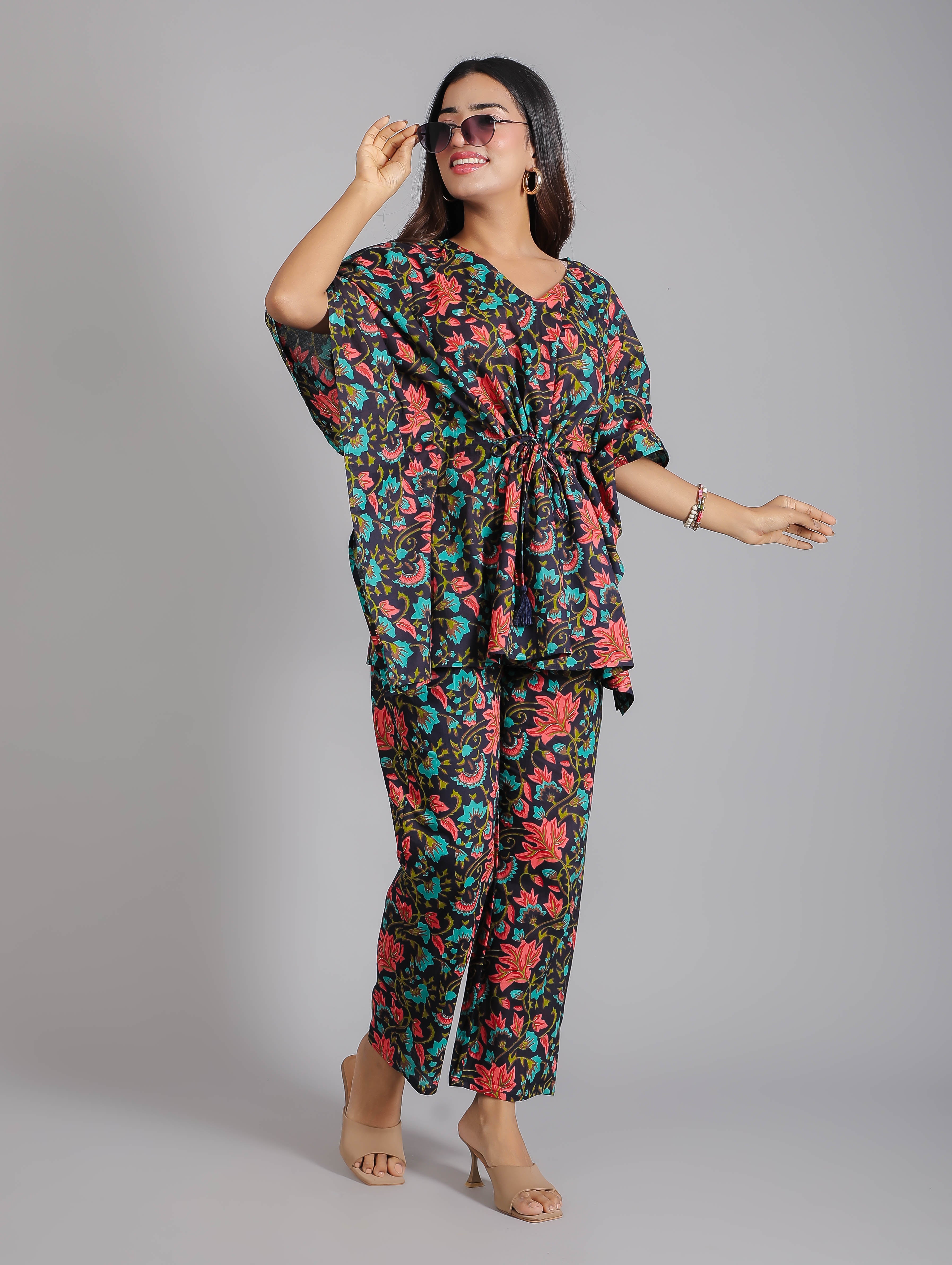Floral Motifs on Black Cotton Kaftan Top Pant Set