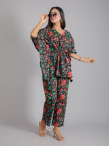 Floral Motifs on Black Cotton Kaftan Top Pant Set