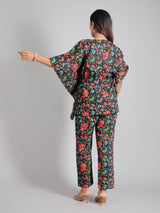 Floral Motifs on Black Cotton Kaftan Top Pant Set