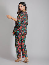 Floral Motifs on Black Cotton Kaftan Top Pant Set