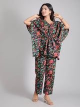 Floral Motifs on Black Cotton Kaftan Top Pant Set