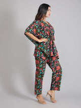 Floral Motifs on Black Cotton Kaftan Top Pant Set