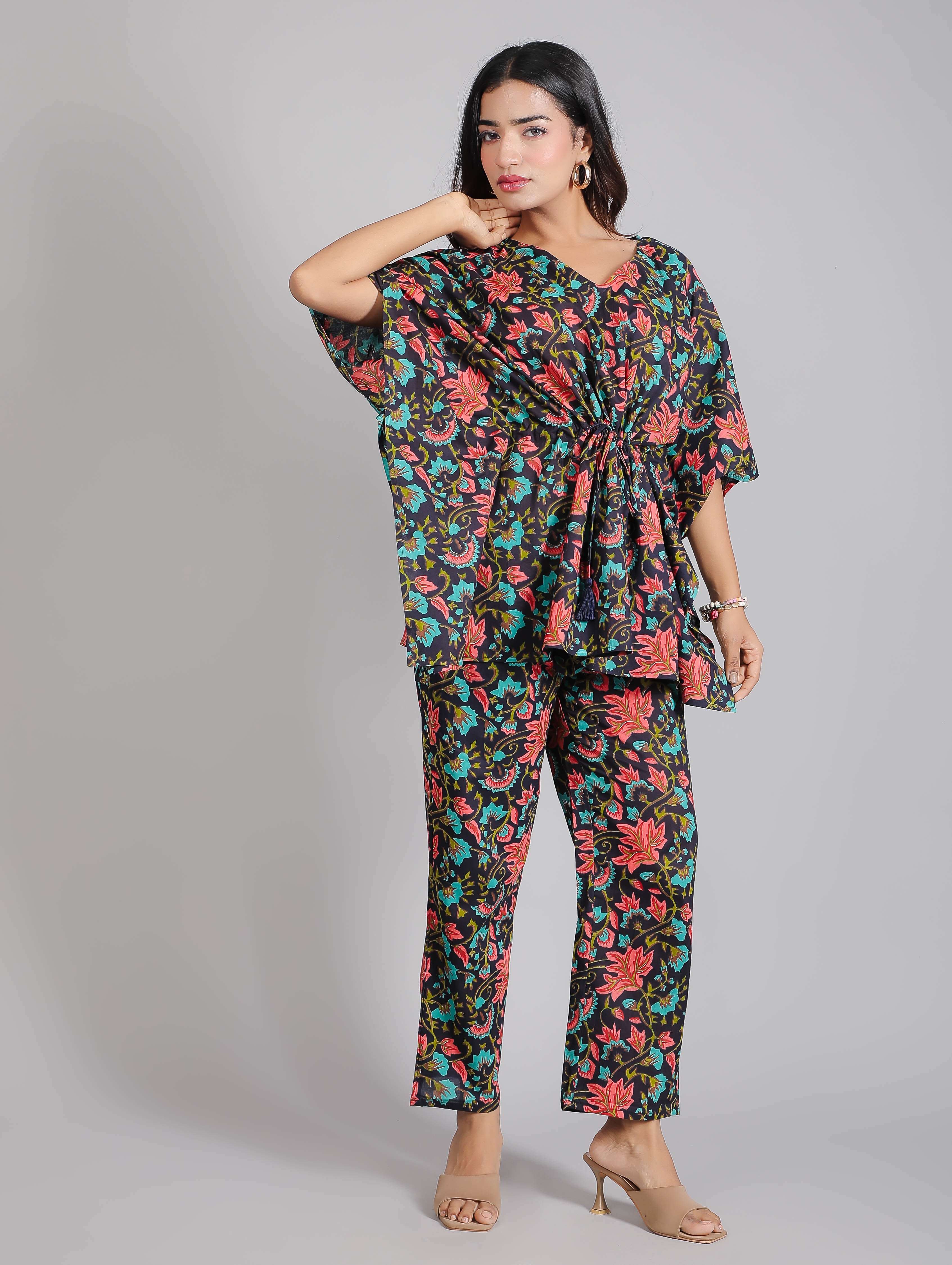 Floral Motifs on Black Cotton Kaftan Top Pant Set