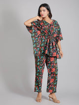 Floral Motifs on Black Cotton Kaftan Top Pant Set