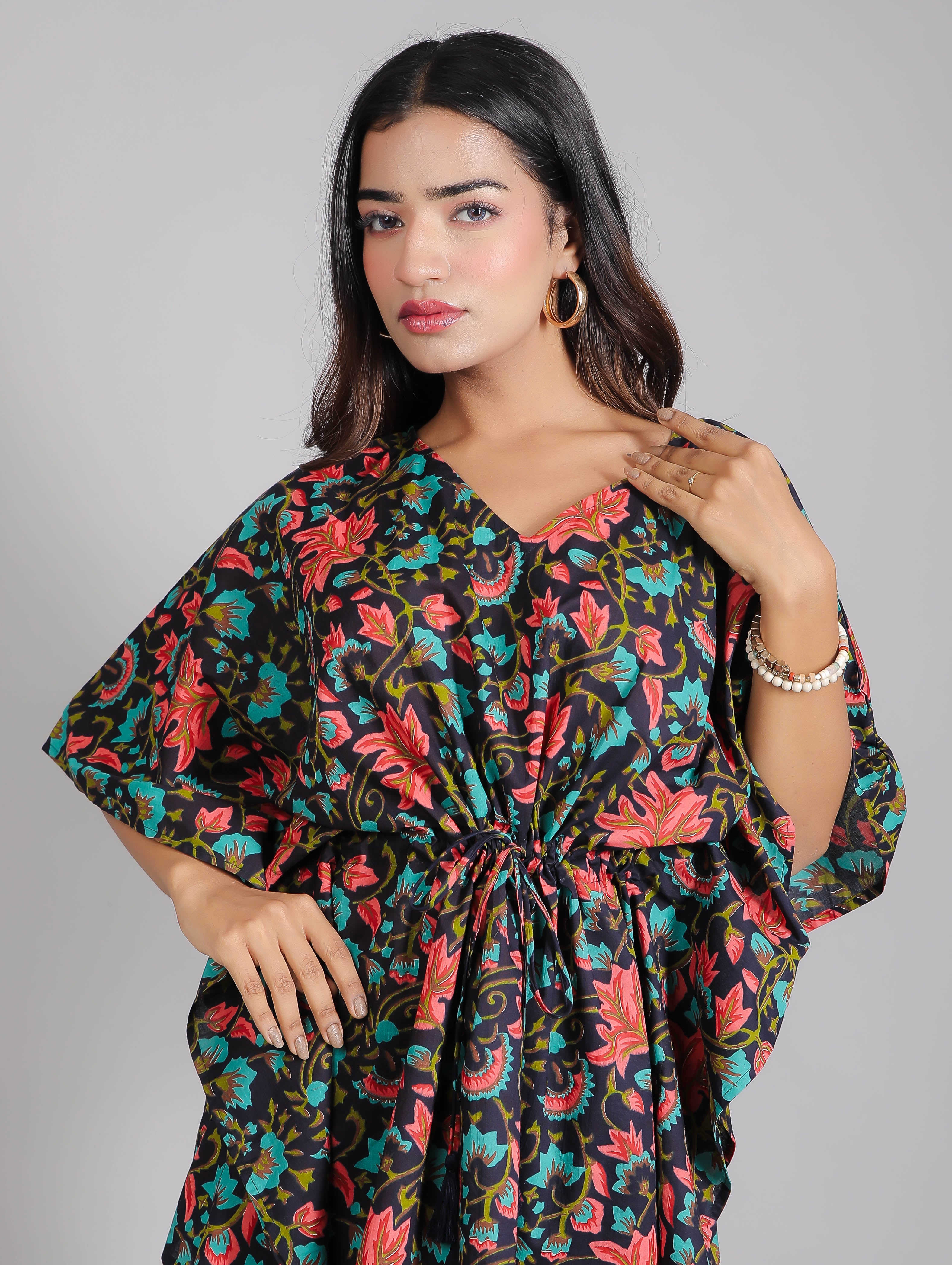 Floral Motifs on Black Cotton Kaftan Top Pant Set