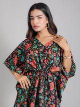 Floral Motifs on Black Cotton Kaftan Top Pant Set