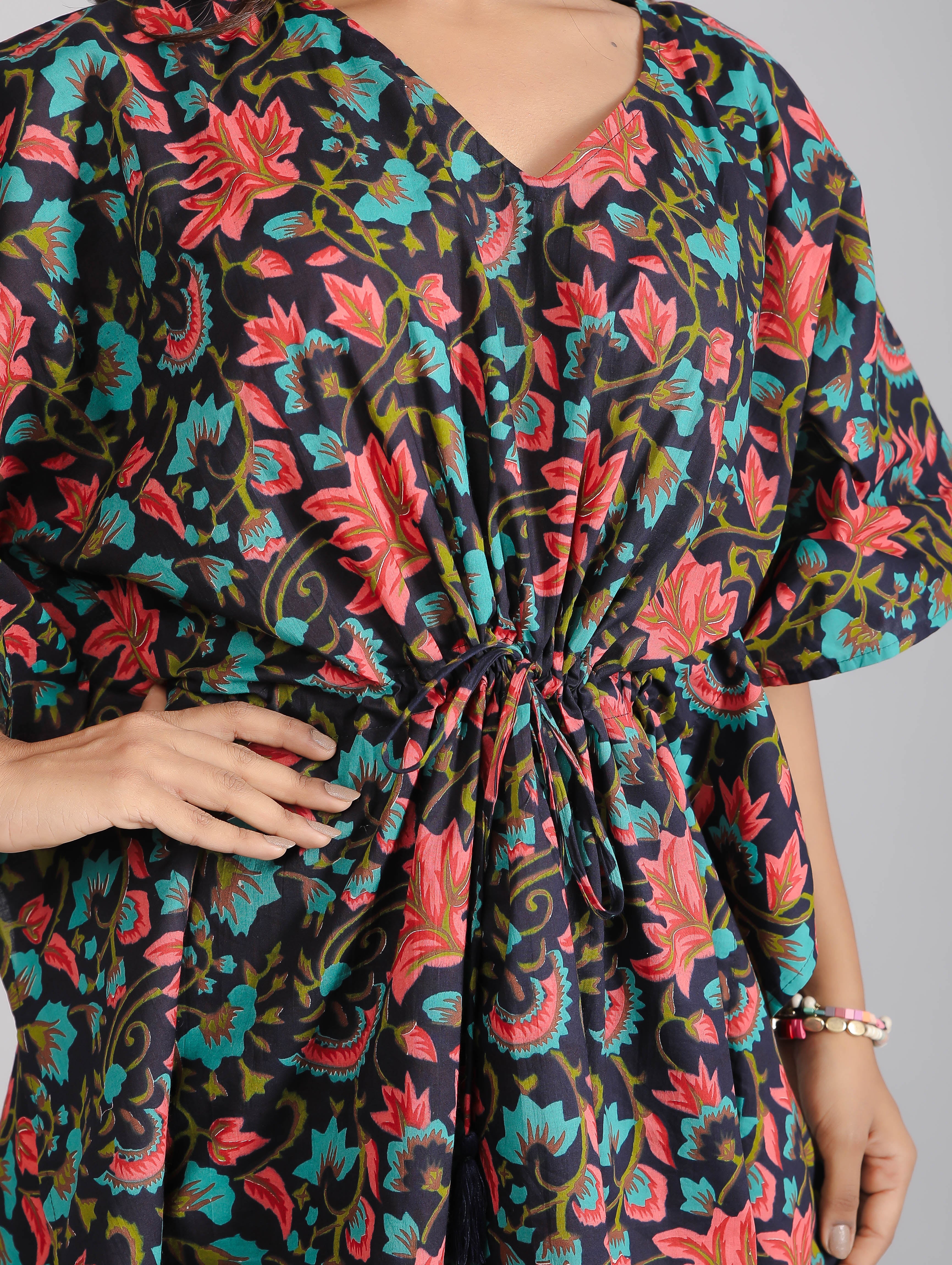 Floral Motifs on Black Cotton Kaftan Top Pant Set