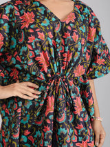 Floral Motifs on Black Cotton Kaftan Top Pant Set