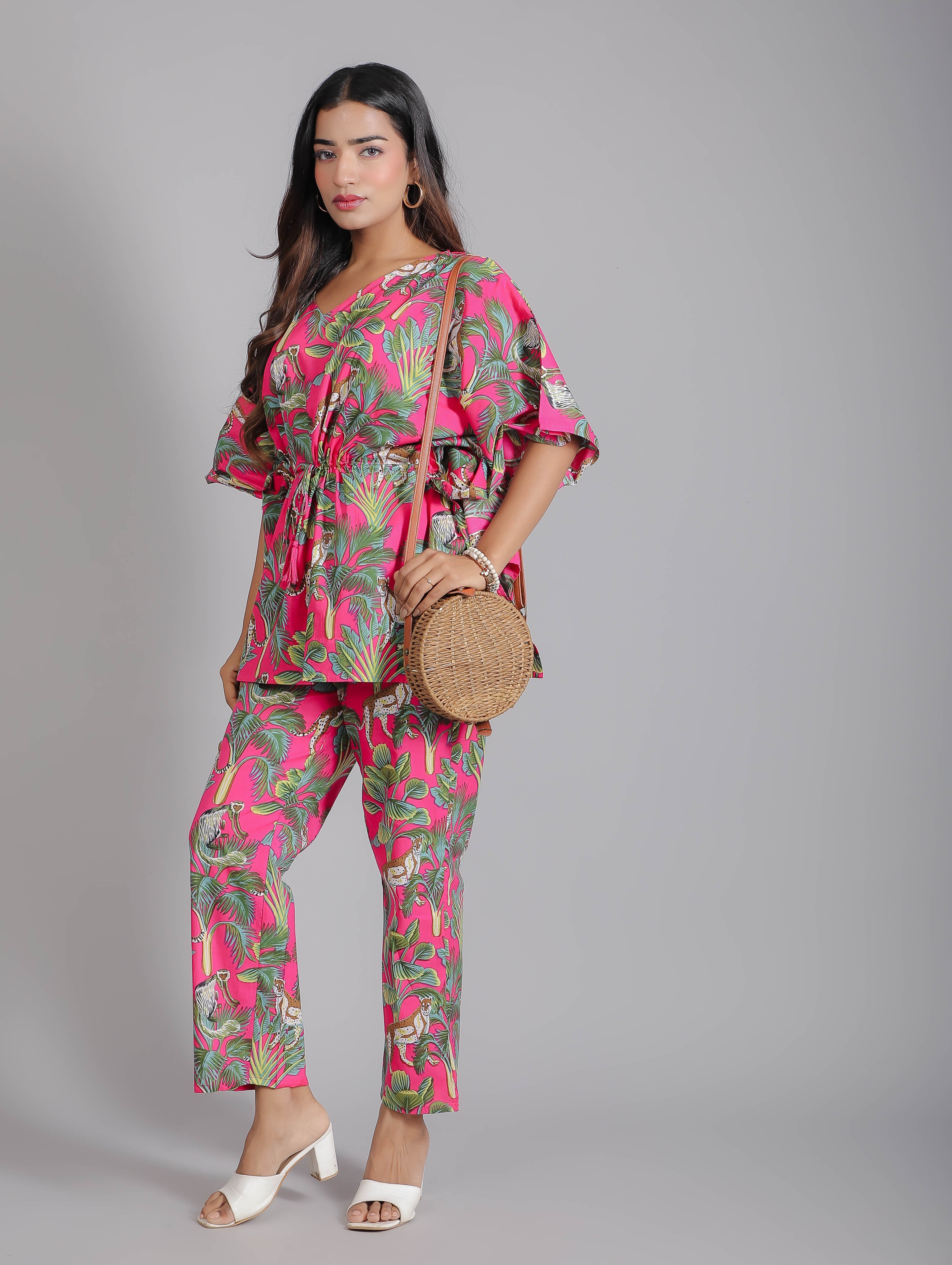 Tropical Pink Print on Green Cotton Kaftan Top Pant Set