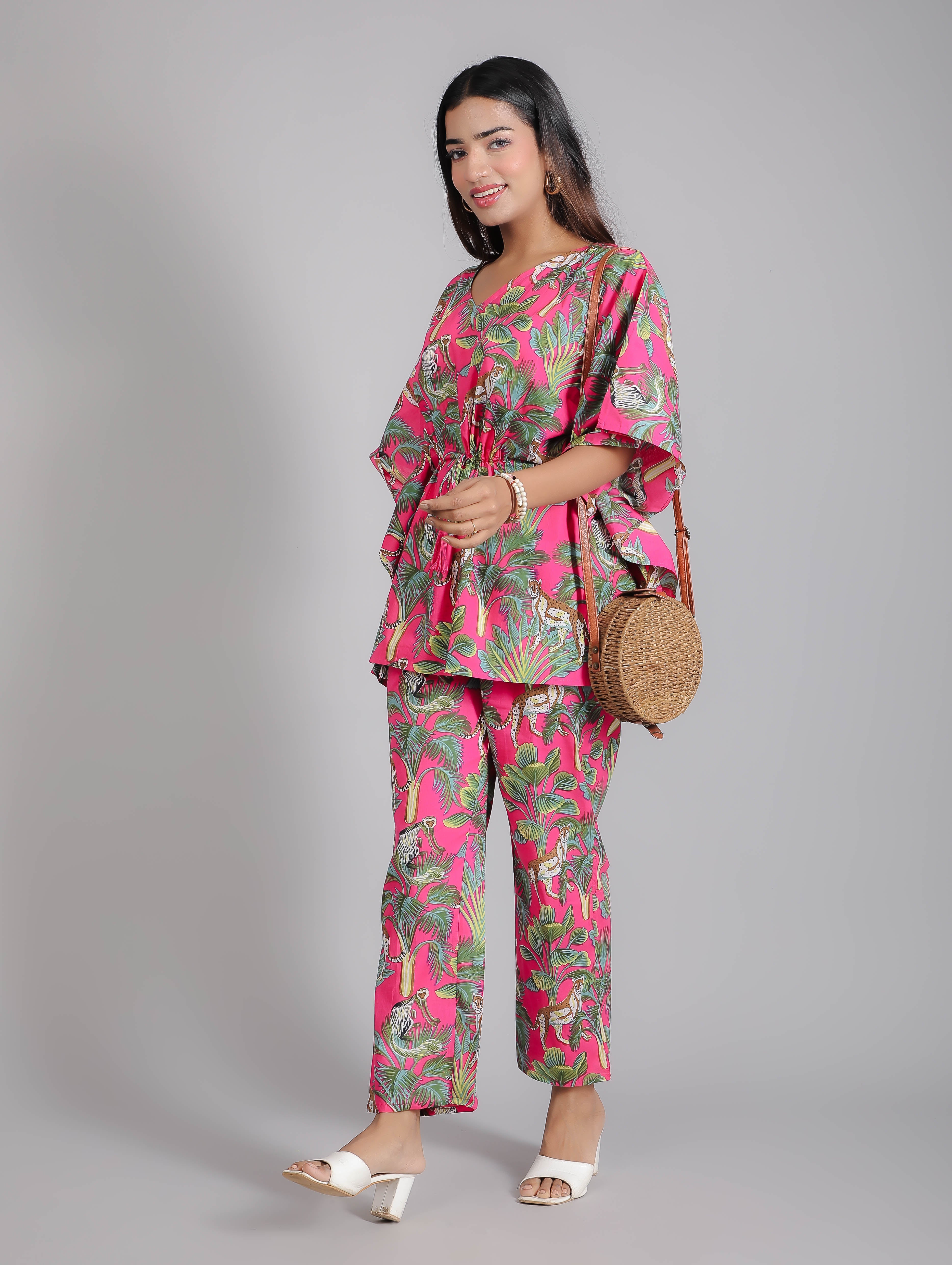 Tropical Pink Print on Green Cotton Kaftan Top Pant Set