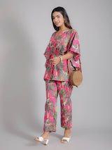 Tropical Pink Print on Green Cotton Kaftan Top Pant Set