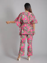 Tropical Pink Print on Green Cotton Kaftan Top Pant Set