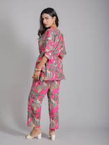 Tropical Pink Print on Green Cotton Kaftan Top Pant Set
