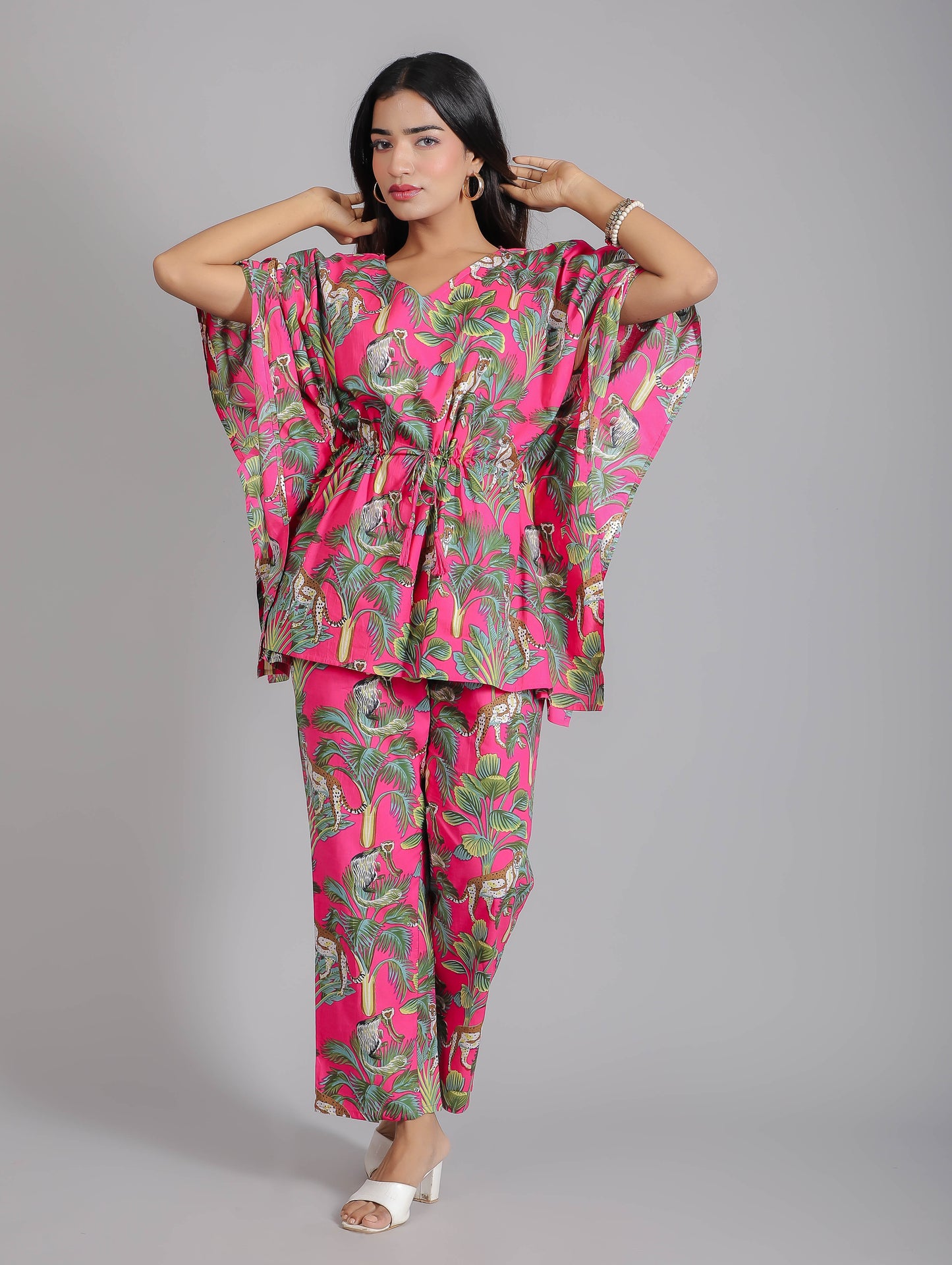 Tropical Pink Print on Green Cotton Kaftan Top Pant Set