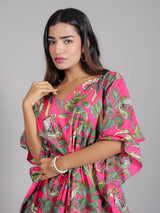 Tropical Pink Print on Green Cotton Kaftan Top Pant Set