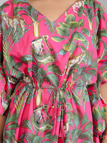 Tropical Pink Print on Green Cotton Kaftan Top Pant Set