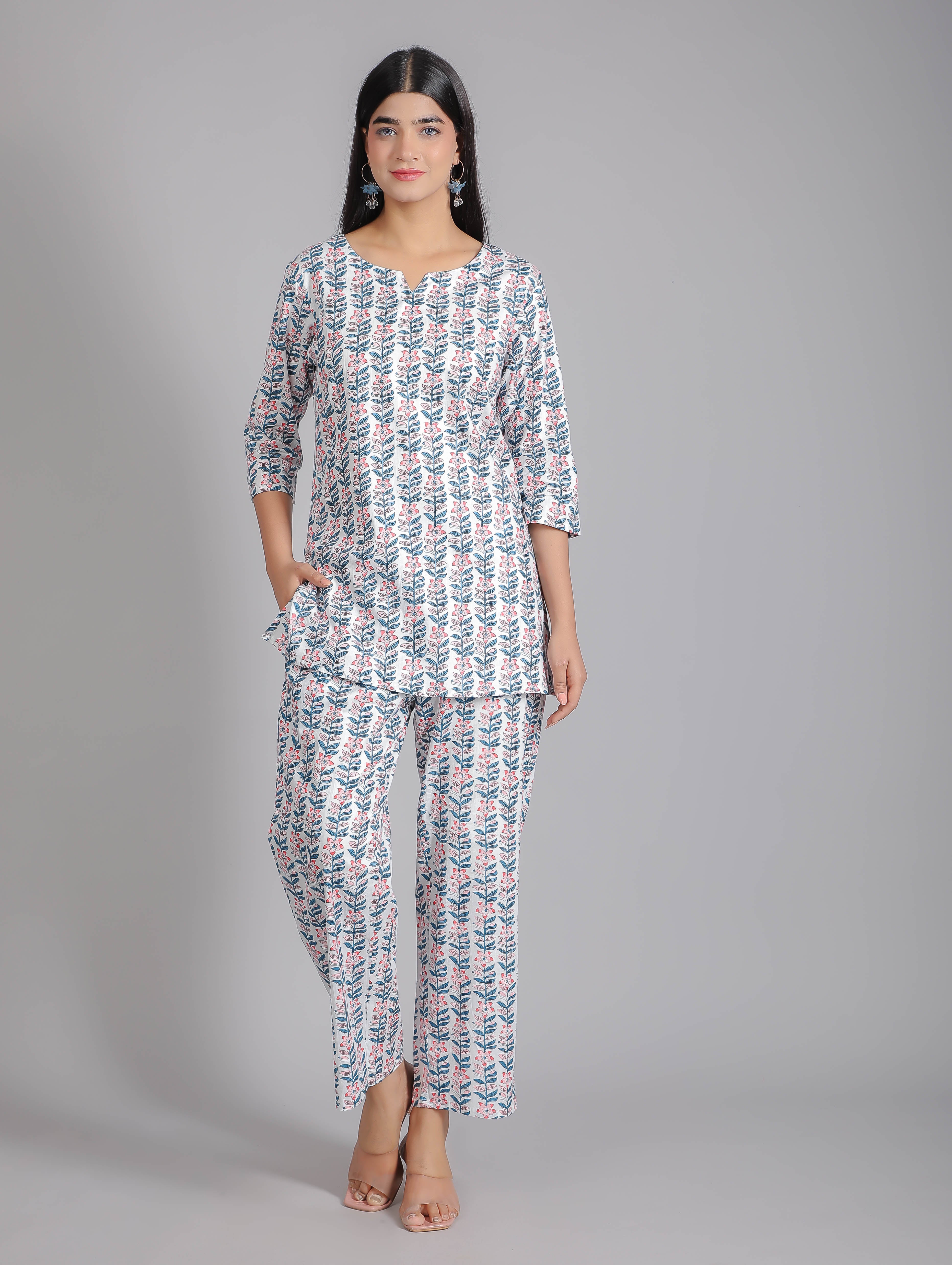Pink & Blue Floral Motifs on White Cotton Lounge Set for Women