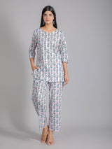 Pink & Blue Floral Motifs on White Cotton Lounge Set for Women