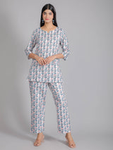 Pink & Blue Floral Motifs on White Cotton Lounge Set for Women