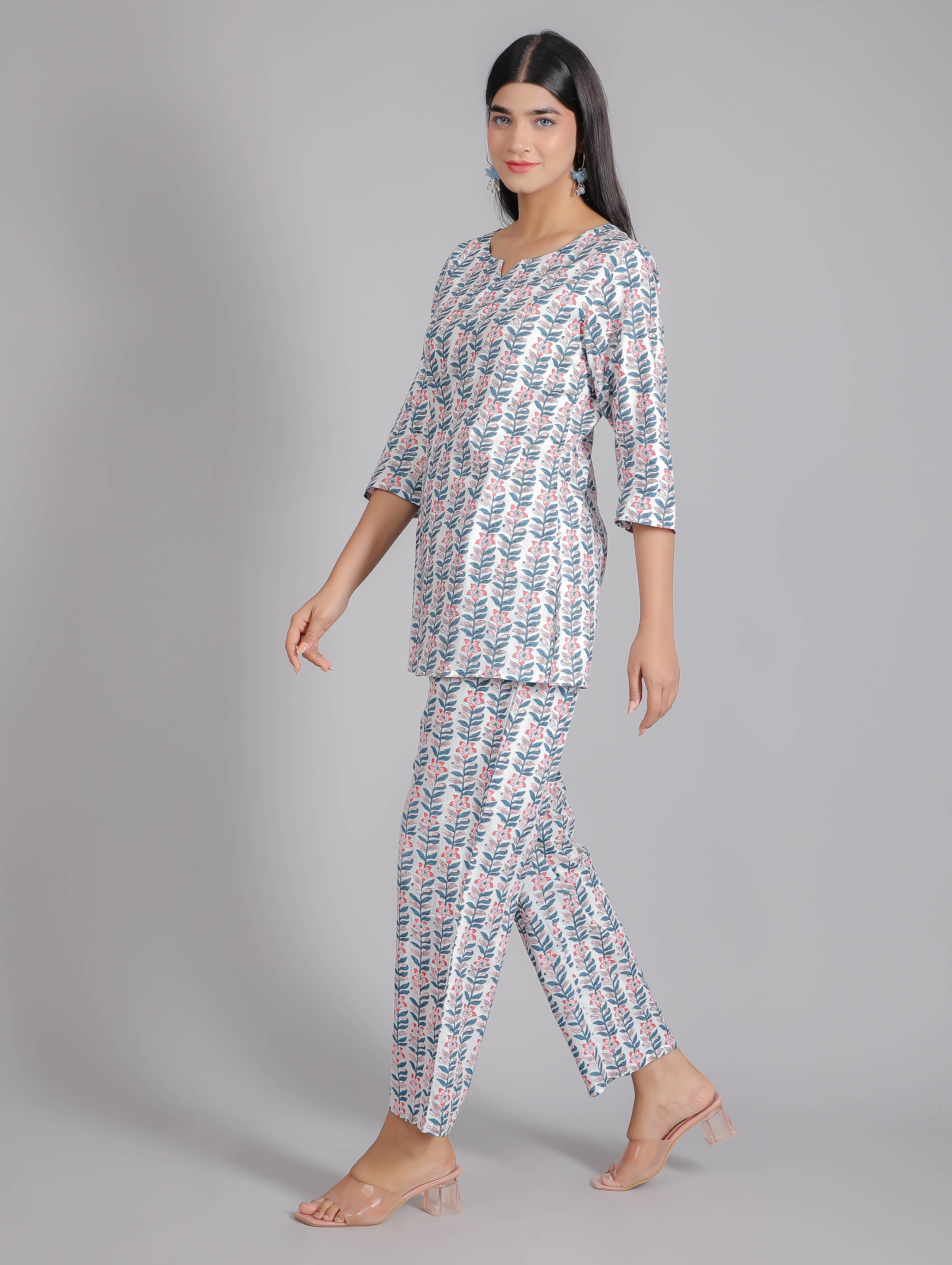 Pink & Blue Floral Motifs on White Cotton Lounge Set for Women