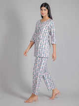 Pink & Blue Floral Motifs on White Cotton Lounge Set for Women