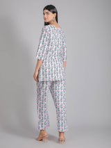 Pink & Blue Floral Motifs on White Cotton Lounge Set for Women