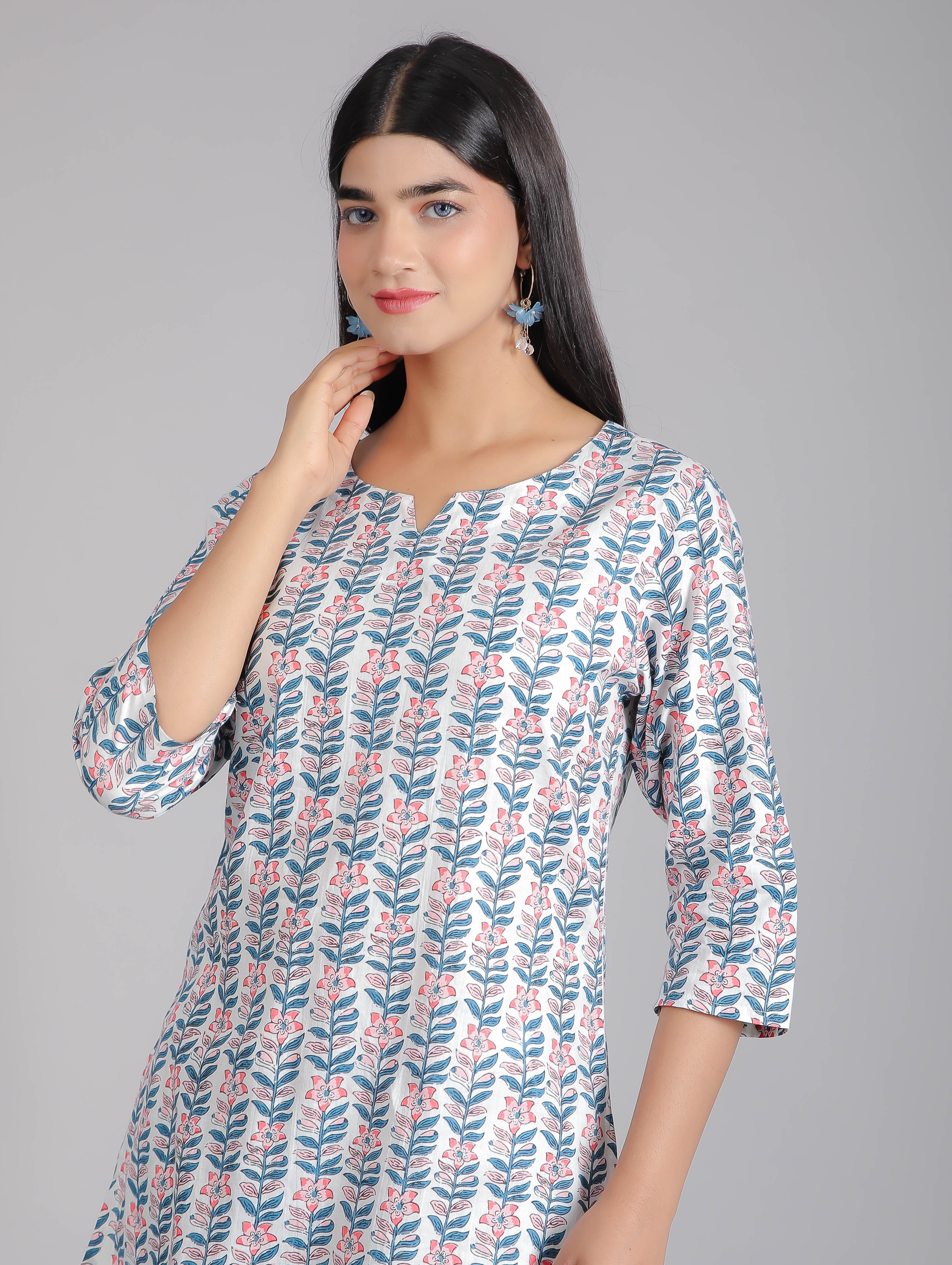 Pink & Blue Floral Motifs on White Cotton Lounge Set for Women