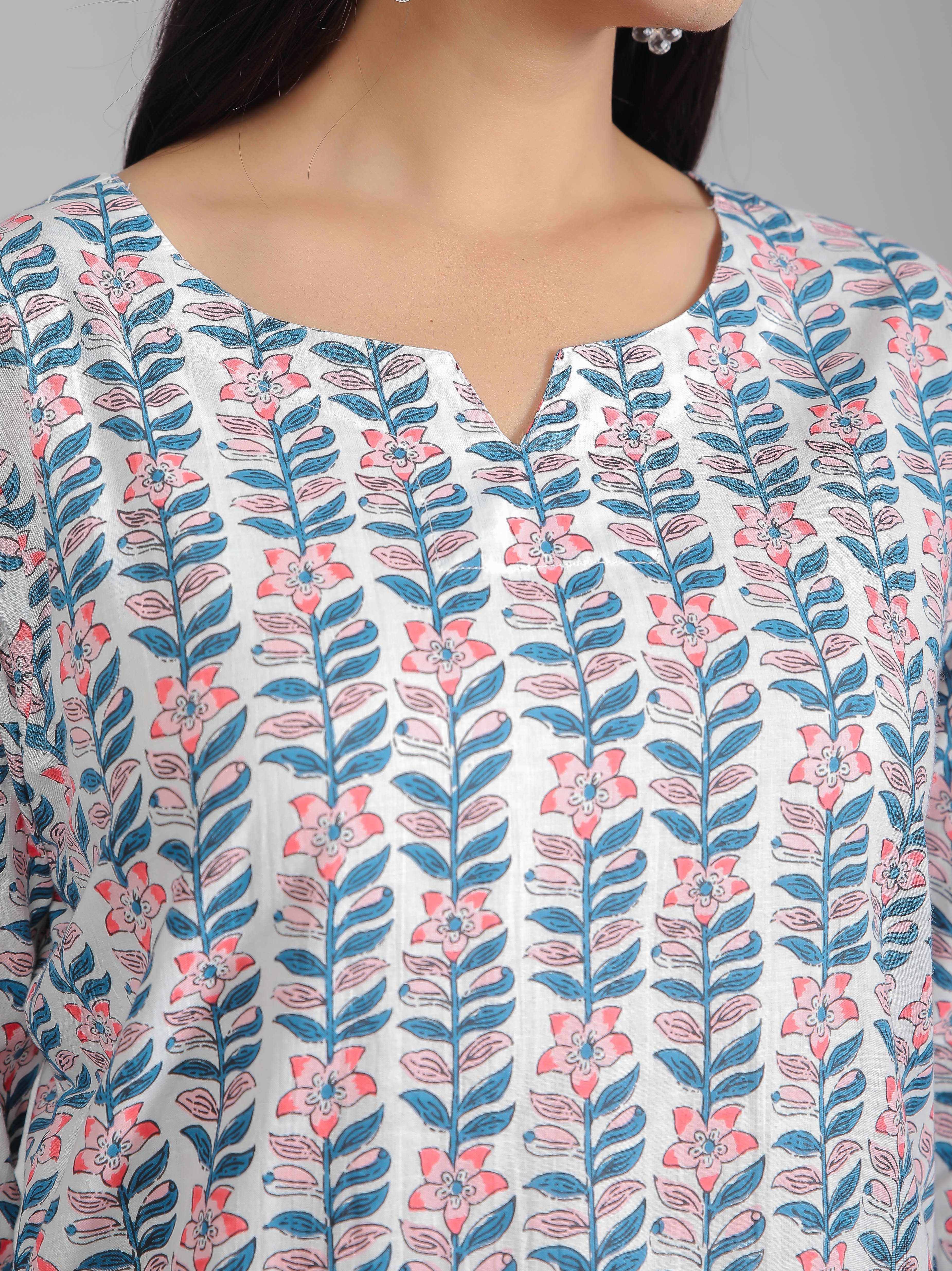 Pink & Blue Floral Motifs on White Cotton Lounge Set for Women