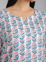 Pink & Blue Floral Motifs on White Cotton Lounge Set for Women