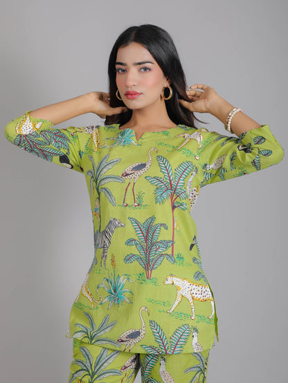 Tropical Forest Motifs on Green Cotton Lounge Set for Women