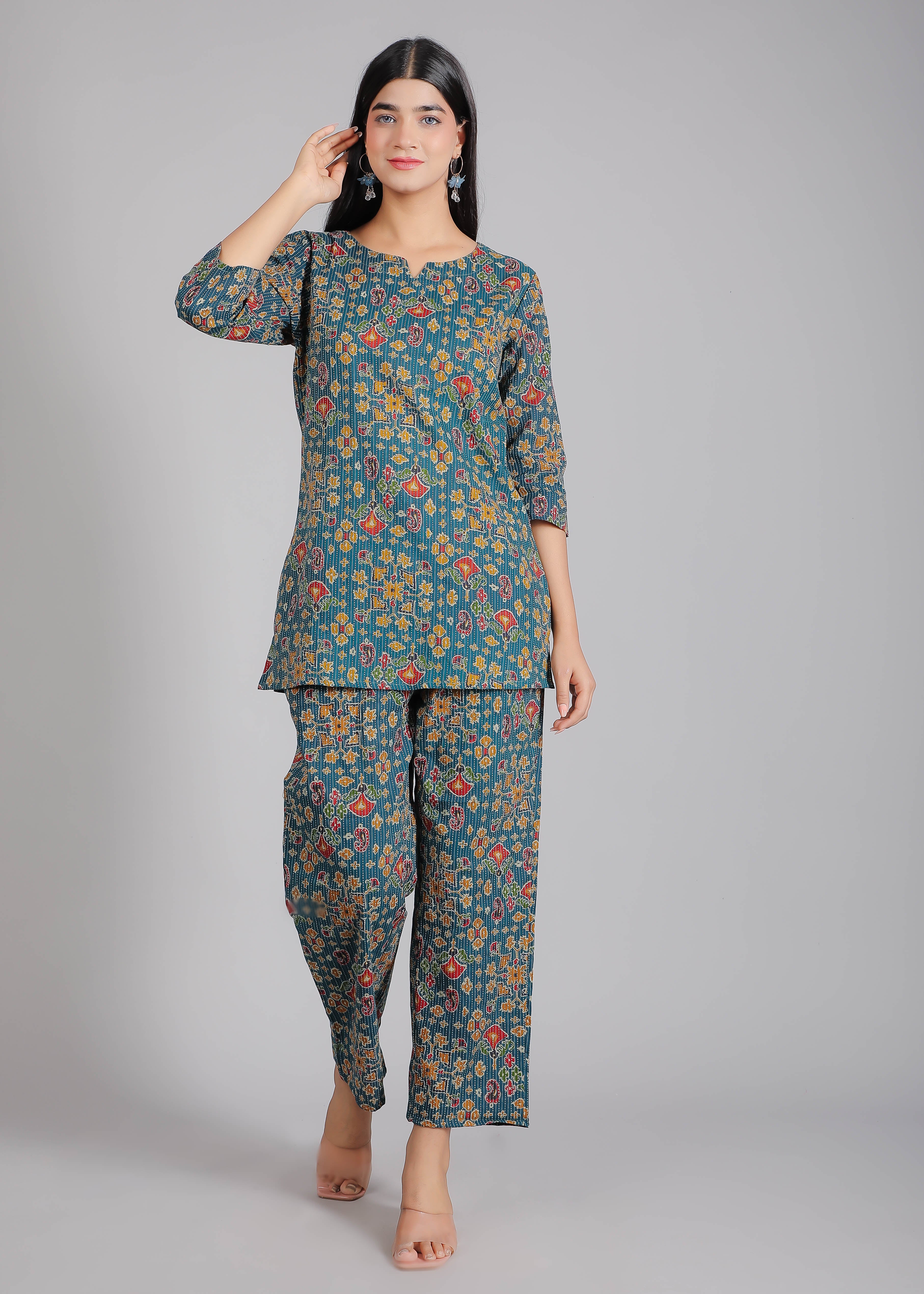 Flowers on Dark Blue Cotton Lounge Set for Women