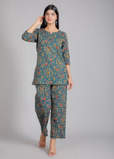 Flowers on Dark Blue Cotton Lounge Set for Women