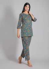 Flowers on Dark Blue Cotton Lounge Set for Women