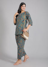 Flowers on Dark Blue Cotton Lounge Set for Women